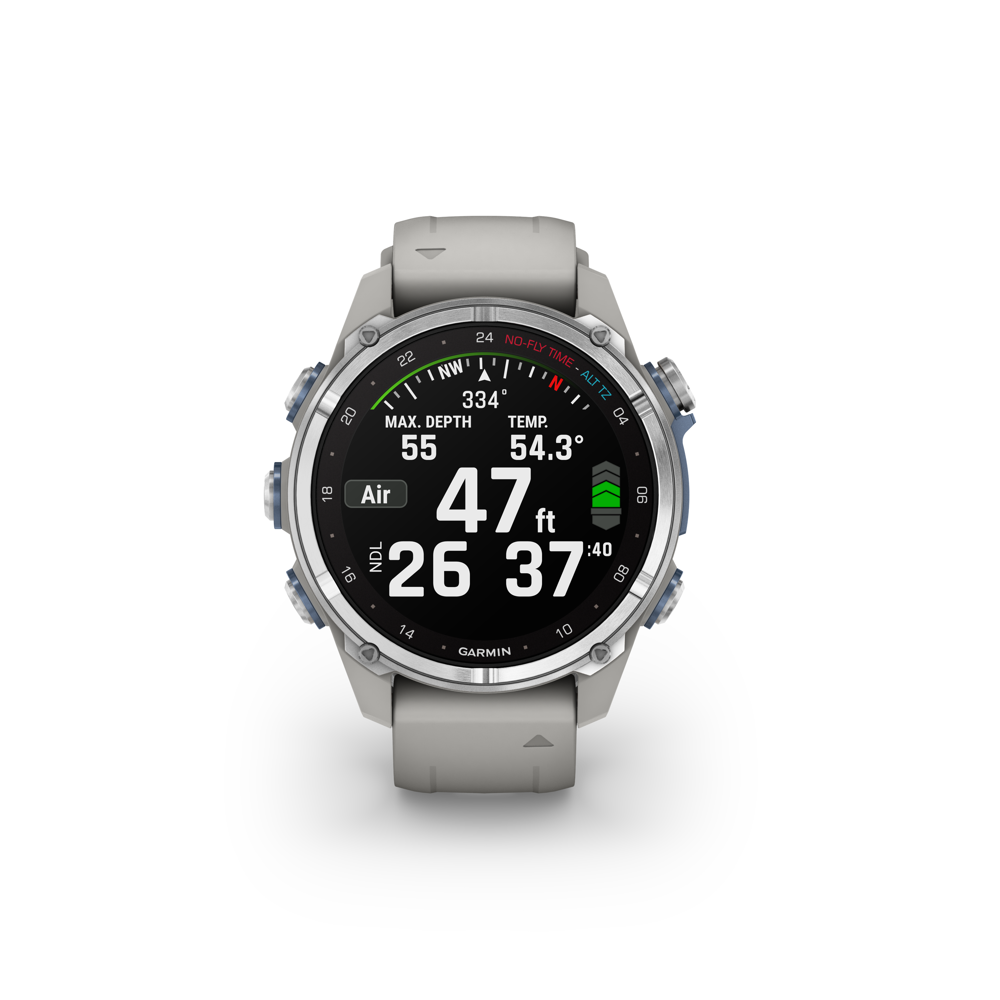 GARMIN Descent™ Mk3 – 43 mm, Stainless Steel with Fog Gray Silicone Band